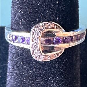 Elegant Buckle Silver and Purple Stones Women's Ring size 4/5